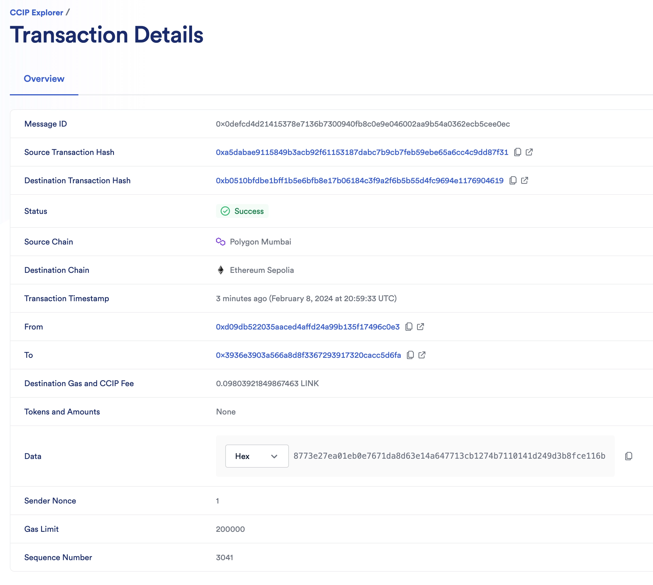 Chainlink CCIP - CCIP Explorer Mumbai to Sepolia Transaction Success